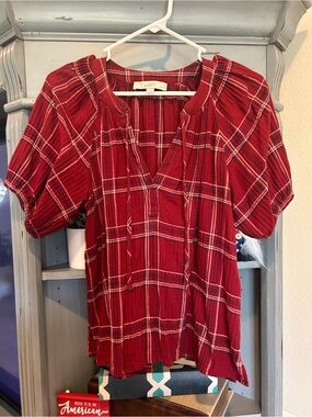LOFT Red Plaid Short-Sleeve Peasant Blouse